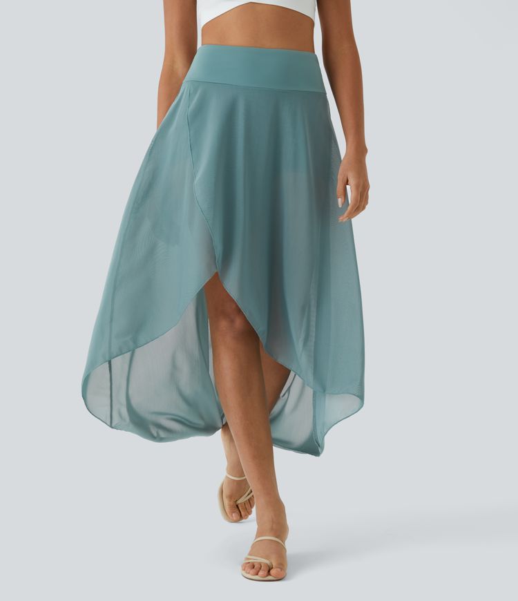 High Waisted High Low Ruffle 2-in-1 Pocket Flare Mesh Casual Regular Maxi Skirt