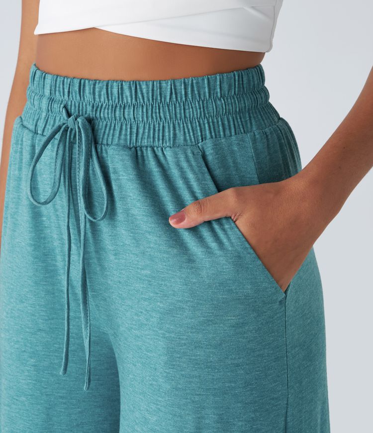 High-waist drawstring side pocket frill wide-leg casual pants