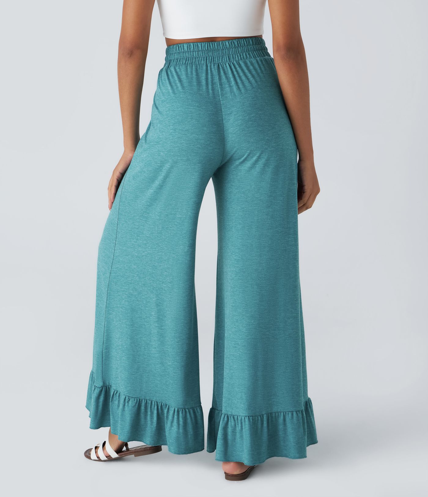 Pantalon Casual à Taille Haute avec Cordon De Serrage Poches Latérales et Volants Jambes Amples