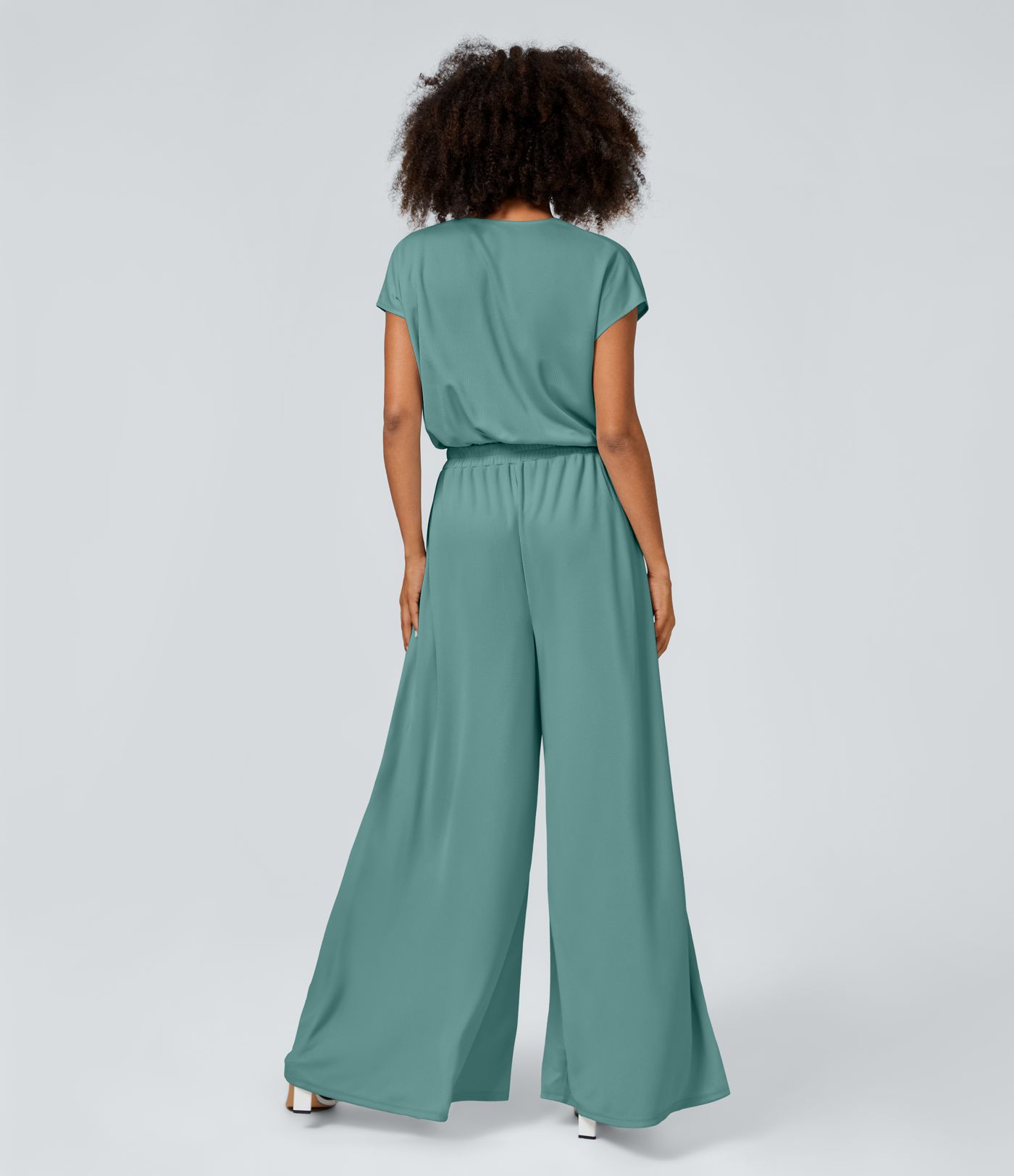 V Neck Short Sleeve Side Pocket Wide Leg Flowy Waffle Casual Jumpsuit