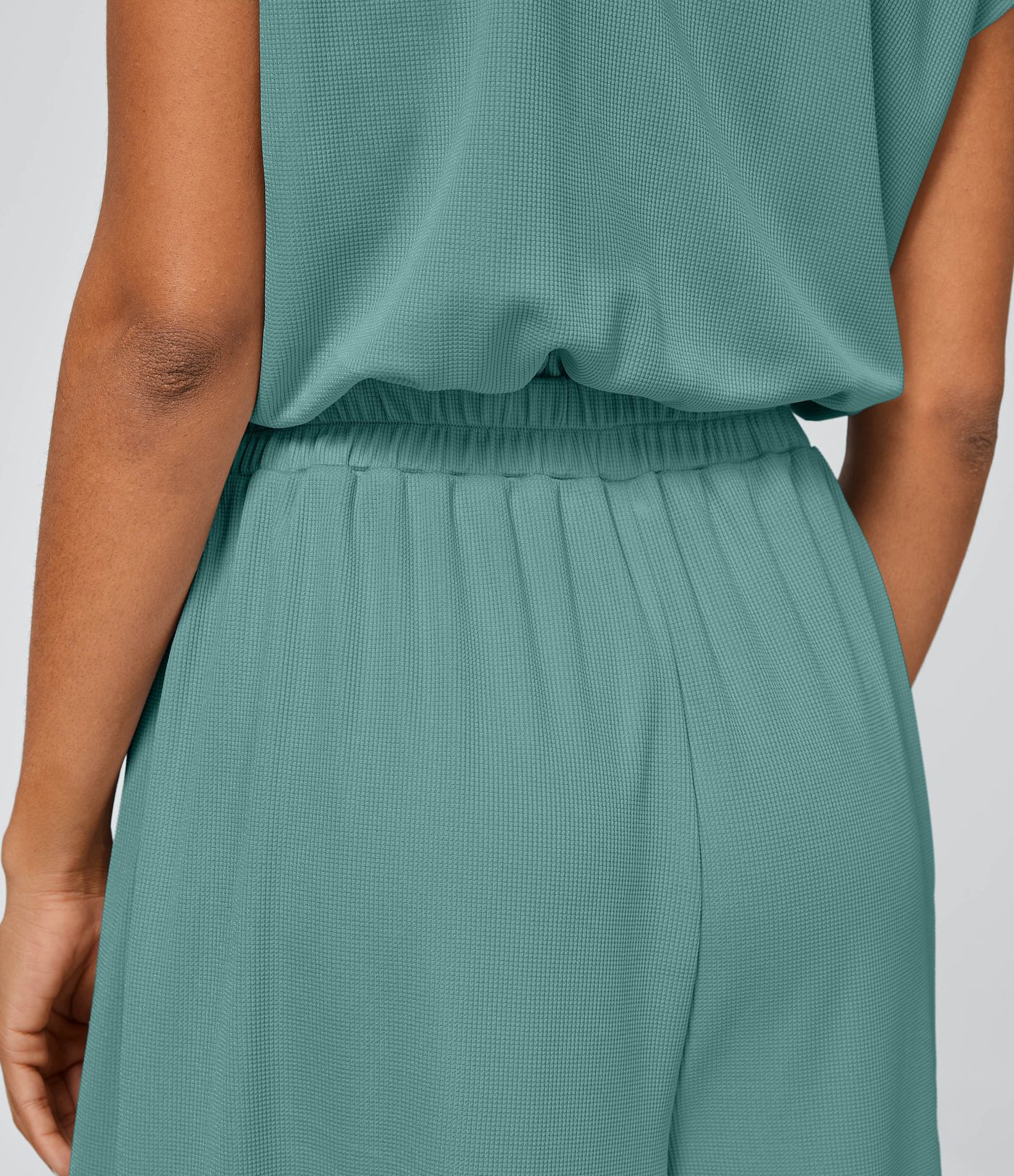 V Neck Short Sleeve Side Pocket Wide Leg Flowy Waffle Casual Jumpsuit