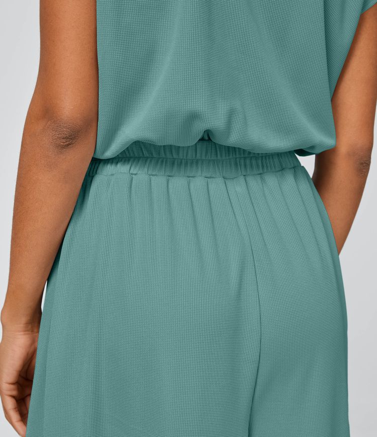 V Neck Short Sleeve Side Pocket Wide Leg Flowy Waffle Casual Jumpsuit