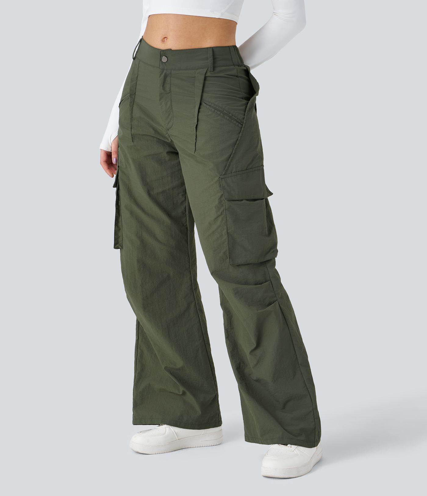 Pantaloni cargo casual a vita media con chiusura a bottone e zip, tasche laterali e gamba larga