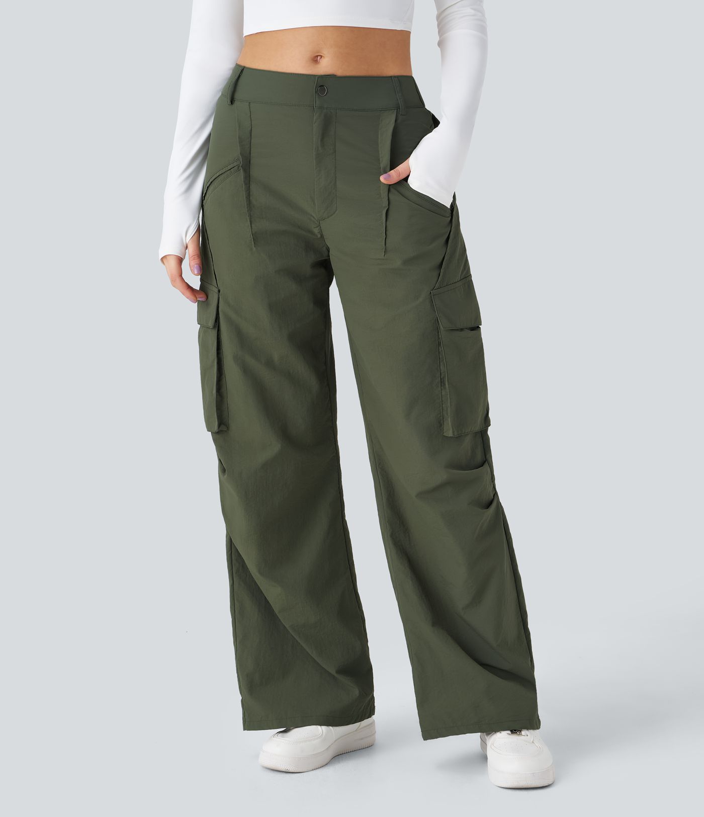 Pantaloni cargo casual a vita media con chiusura a bottone e zip, tasche laterali e gamba larga