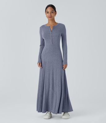 Henley Long Sleeve Flare Maxi Casual Dress