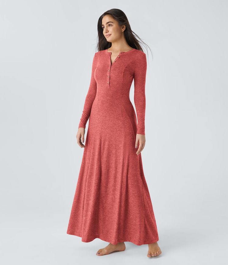 Round Neck Button Long Sleeve Flare Maxi Casual Dress