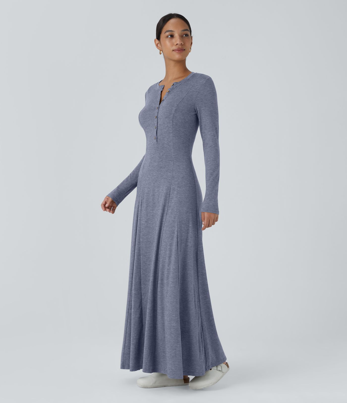 Henley Long Sleeve Flare Maxi Casual Dress