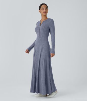 Henley Long Sleeve Flare Maxi Casual Dress