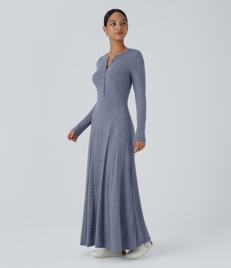 Henley Long Sleeve Flare Maxi Casual Dress