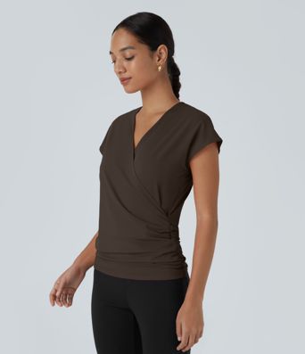 V Neck Cap Sleeve Crossover Ruched Solid Work Blouse V Neck Cap Sleeve Crossover Ruched Solid Work Blouse
