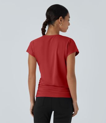 V Neck Cap Sleeve Crossover Ruched Solid Work Blouse