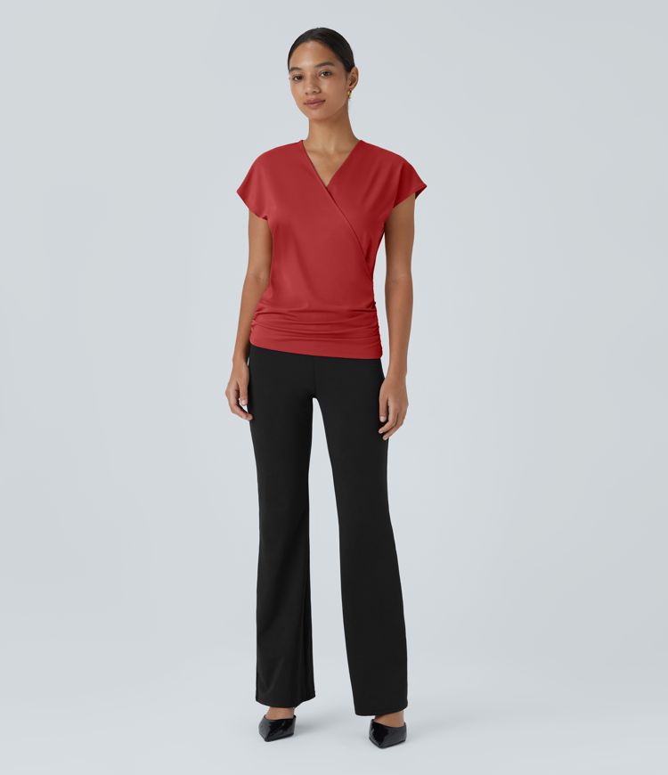 V Neck Cap Sleeve Crossover Ruched Solid Work Blouse