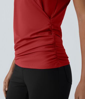 V Neck Cap Sleeve Crossover Ruched Solid Work Blouse