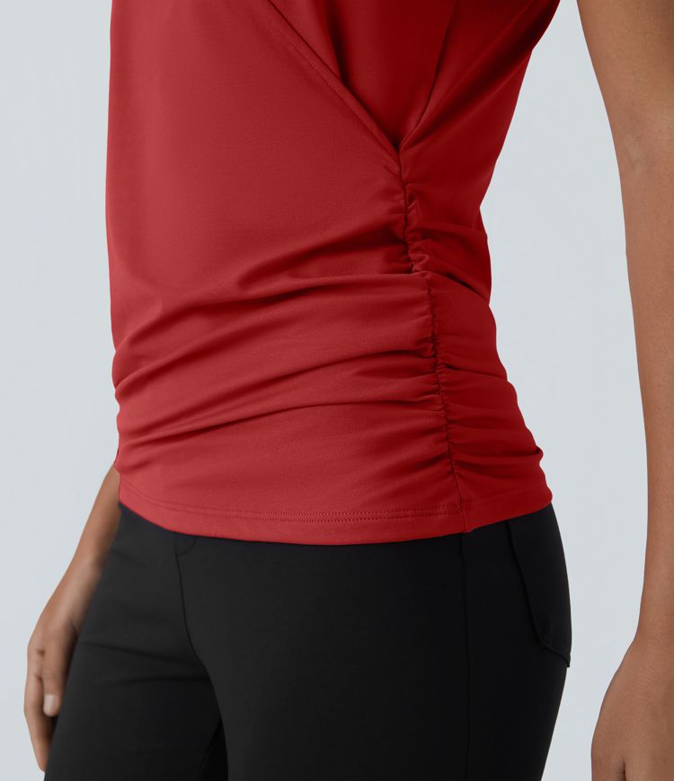 V Neck Cap Sleeve Crossover Ruched Solid Work Blouse