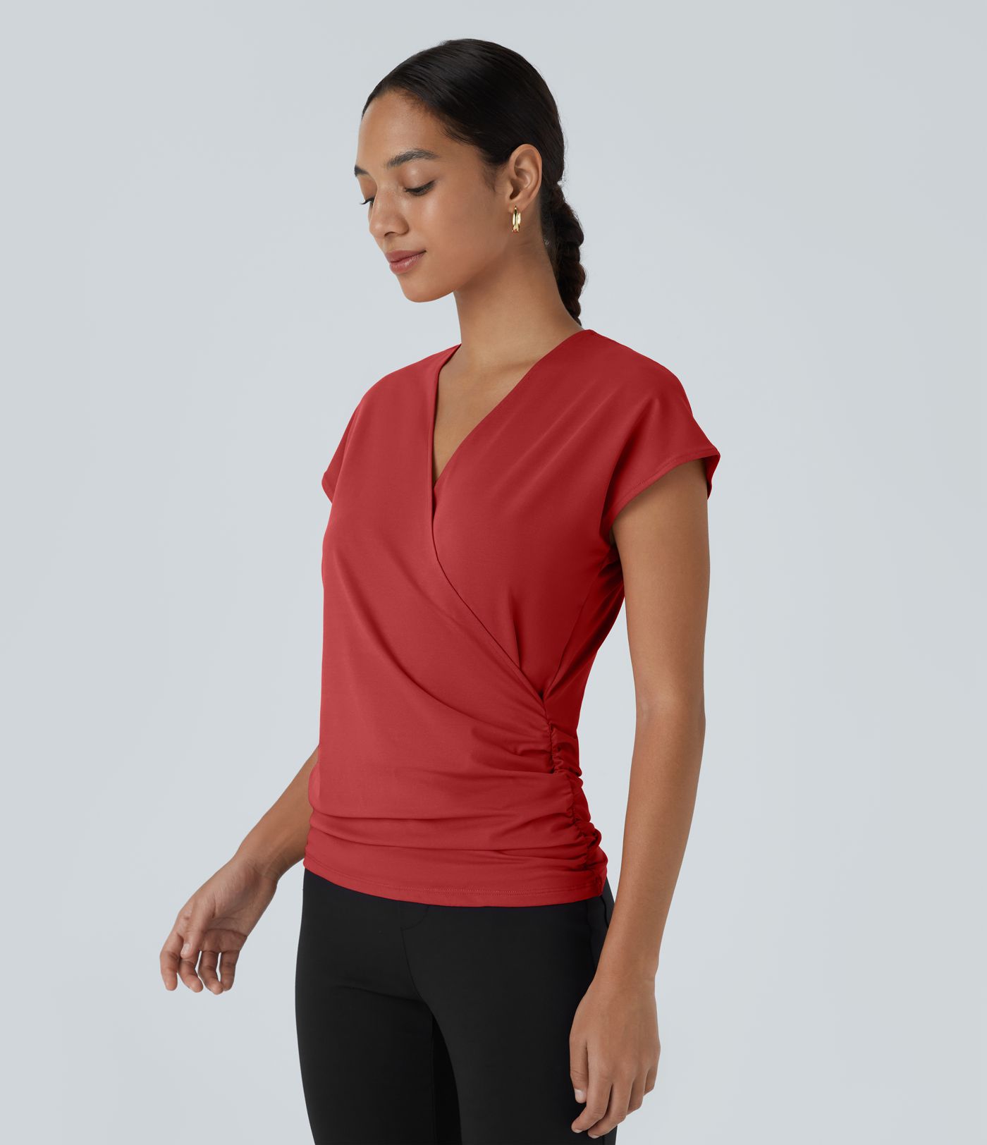 V Neck Cap Sleeve Crossover Ruched Solid Work Blouse