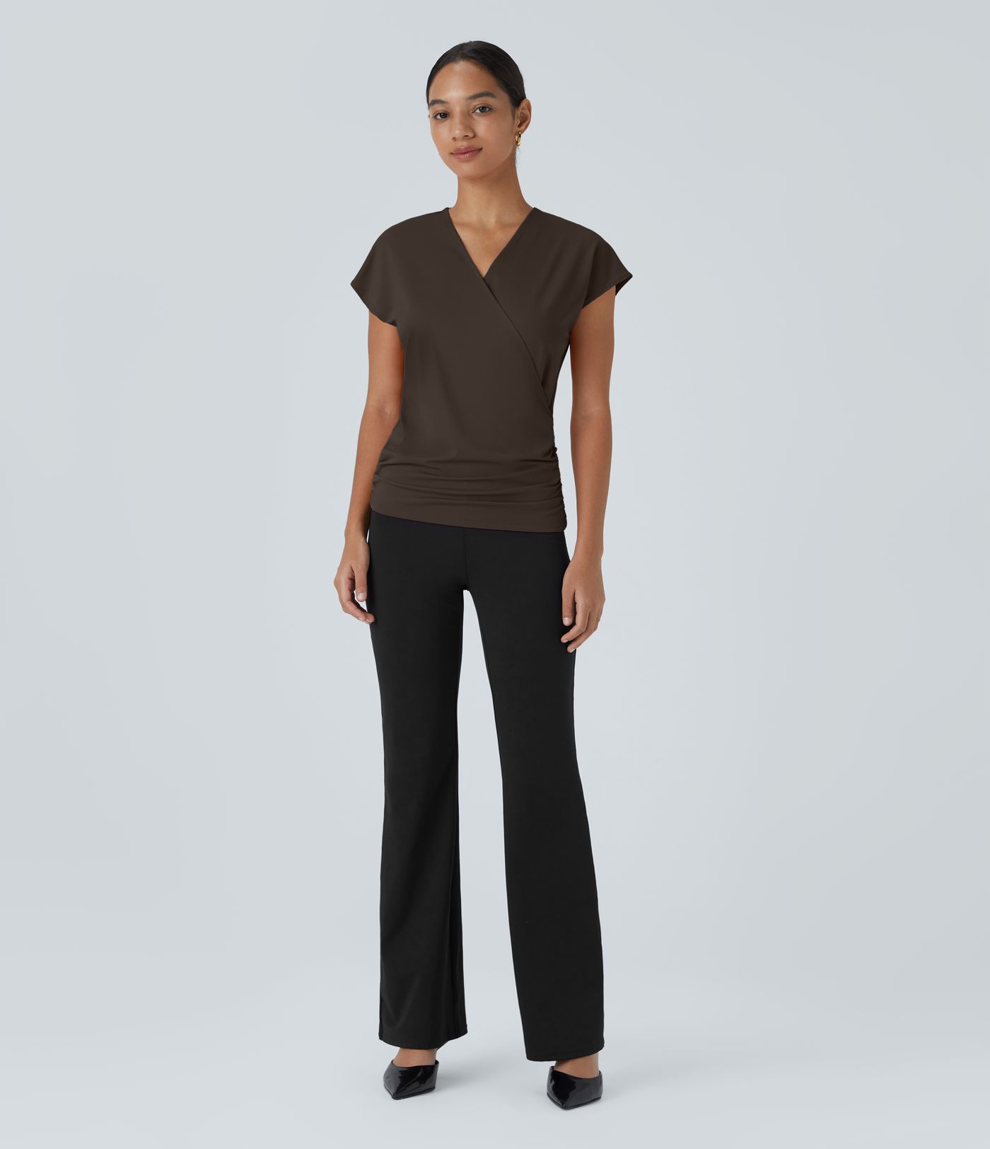 V Neck Cap Sleeve Crossover Ruched Solid Work Blouse V Neck Cap Sleeve Crossover Ruched Solid Work Blouse
