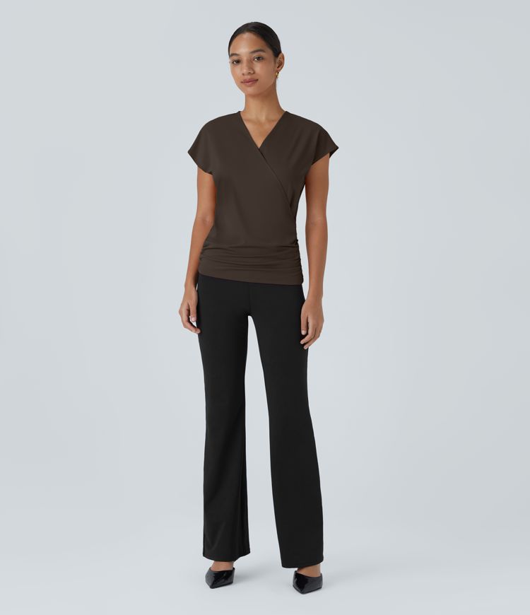 V Neck Cap Sleeve Crossover Ruched Solid Work Blouse V Neck Cap Sleeve Crossover Ruched Solid Work Blouse