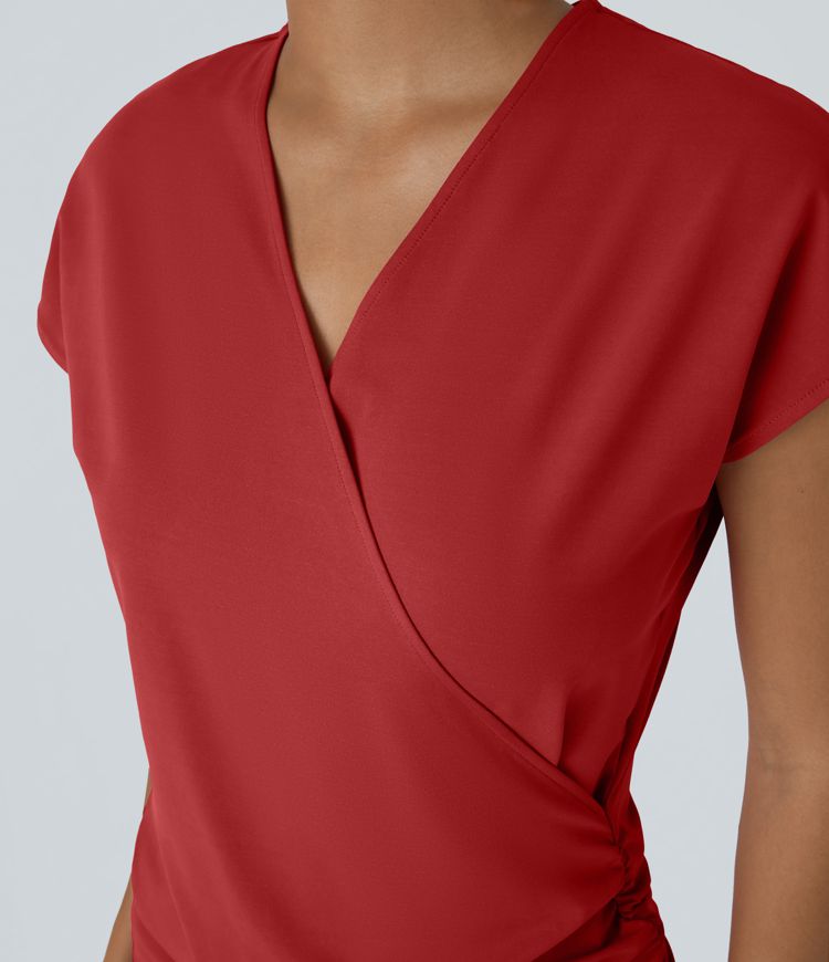 V Neck Cap Sleeve Crossover Ruched Solid Work Blouse