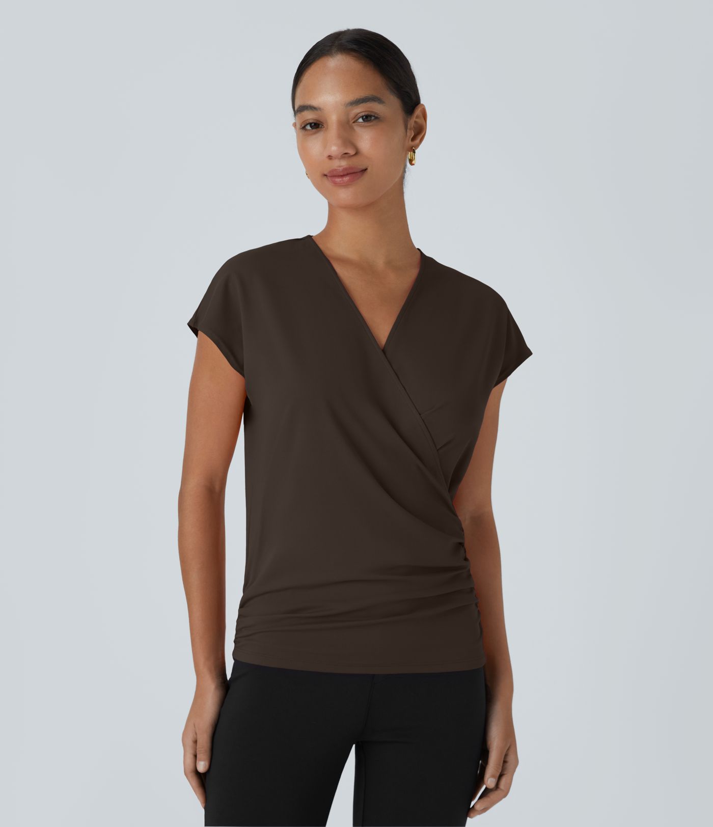 V Neck Cap Sleeve Crossover Ruched Solid Work Blouse V Neck Cap Sleeve Crossover Ruched Solid Work Blouse