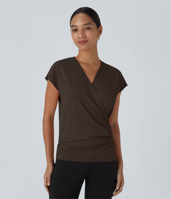 V Neck Cap Sleeve Crossover Ruched Solid Work Blouse V Neck Cap Sleeve Crossover Ruched Solid Work Blouse