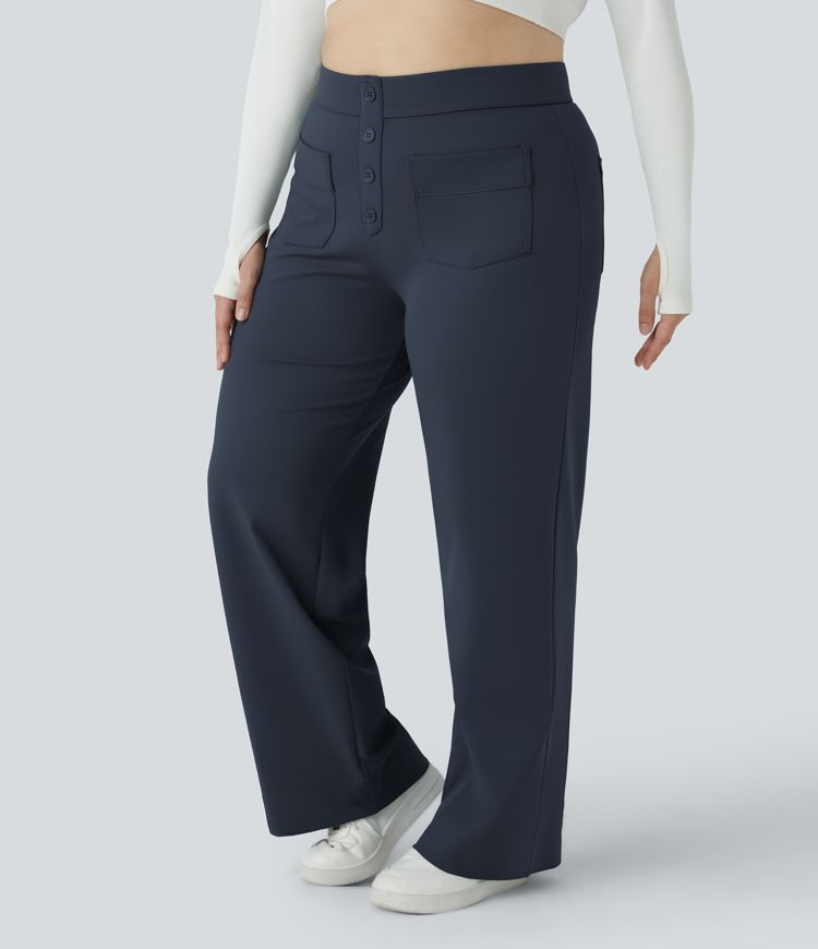 High Waisted Button Multiple Pockets Straight Leg Casual Plus Size Pants