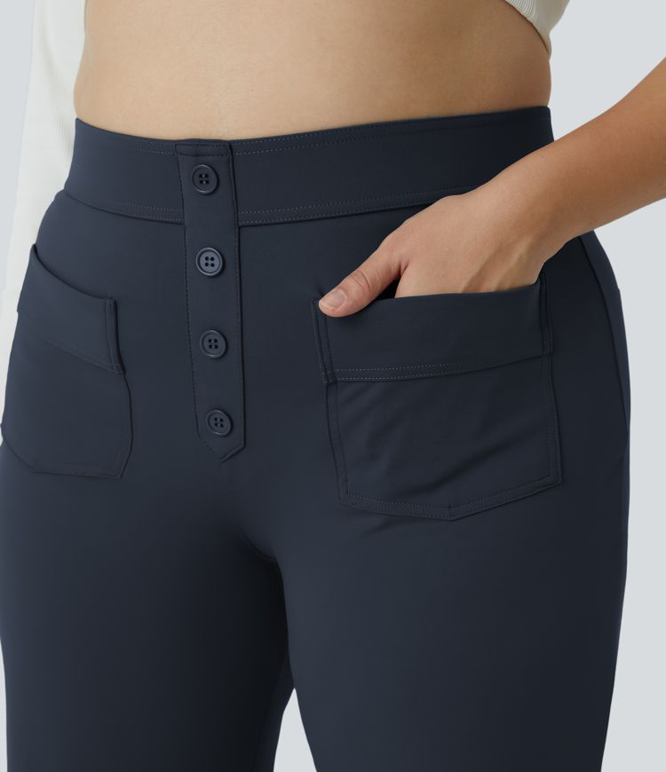 Pantalón tiro alto botón múltiple bolsillo pierna recta talla grande