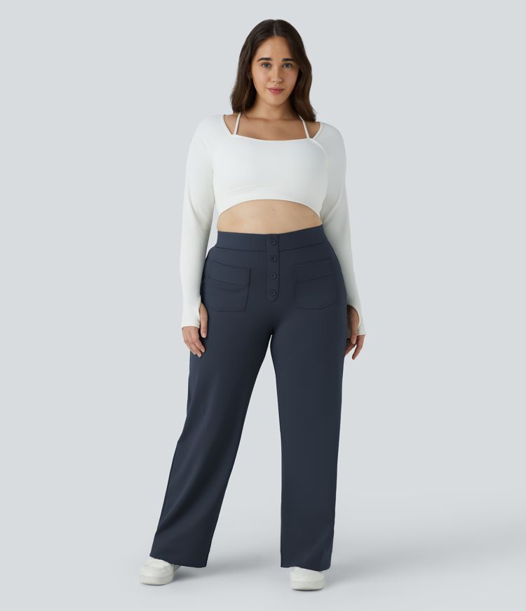 Pantalón tiro alto botón múltiple bolsillo pierna recta talla grande