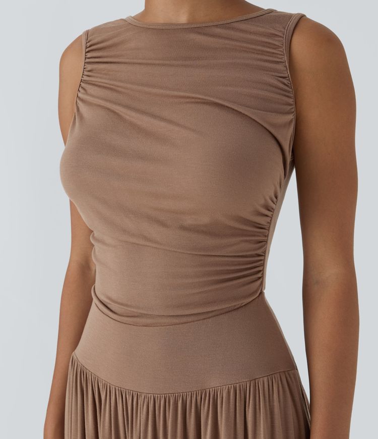 Vestido largo holgado cuello barco acanalado bolsillo lateral fruncido tirante asimétrico