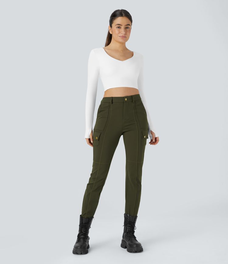 High Waisted Zipper Pockets Solid Skinny Cargo Pants
