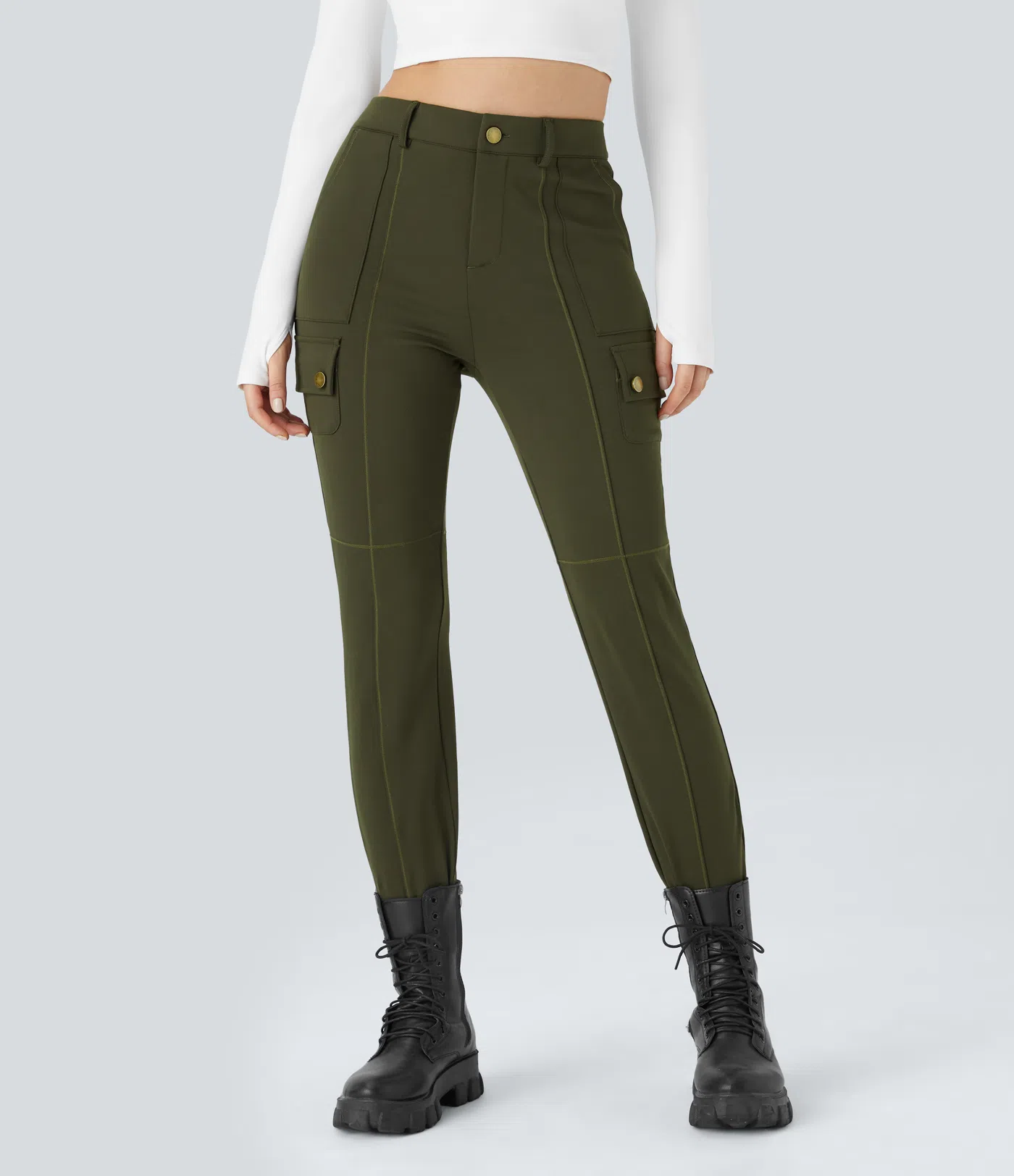 High Waisted Button Zipper Multiple Pockets Solid Skinny Cargo Pants
