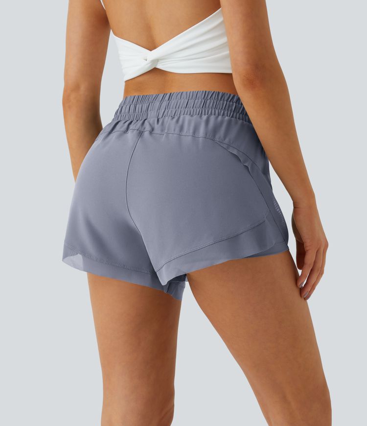 Mid Rise Drawstring Contrast Mesh 2-in-1 Flowy Running Shorts 3''