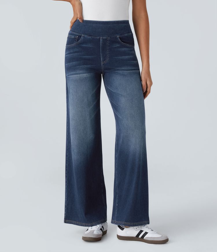Jeans Mujer Pierna Ancha INKD - Tiro Alto, Elásticos, Lavado Enzimático, 5 Bolsillos, Estilo Clásico