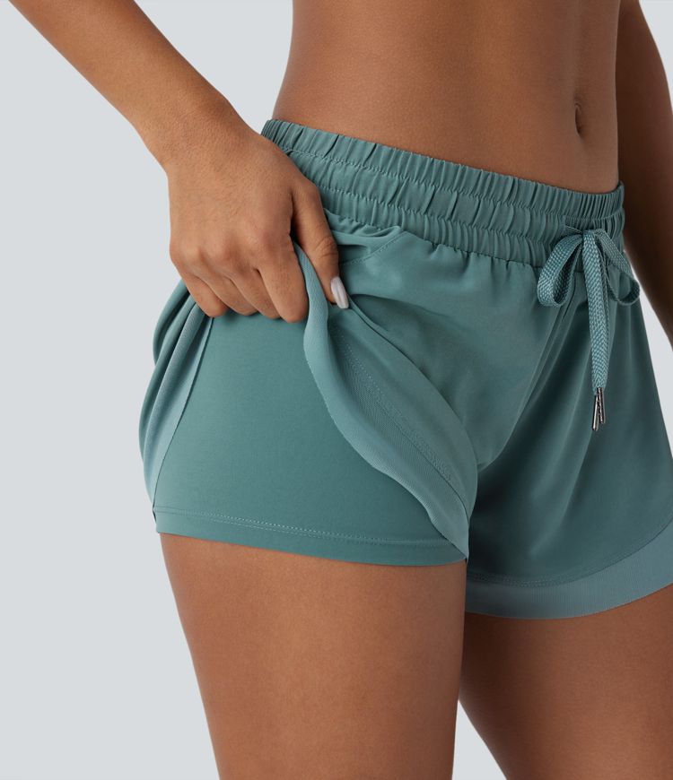 Low Rise Drawstring Contrast Mesh 2-in-1 Flowy Running Shorts