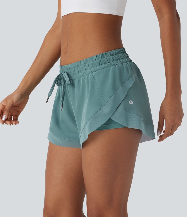 Low Rise Drawstring Contrast Mesh 2-in-1 Flowy Running Shorts