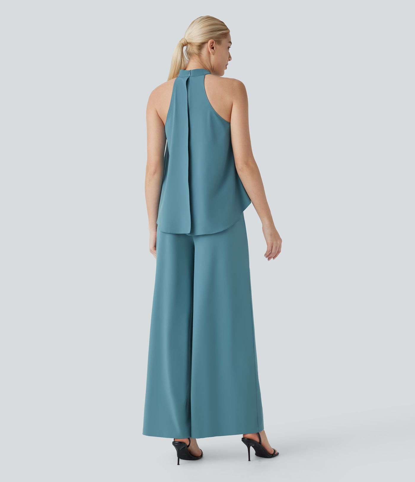 Mono Breezeful™ oficina cuello halter cremallera invisible dobladillo fluido bolsillo lateral pierna ancha secado rápido