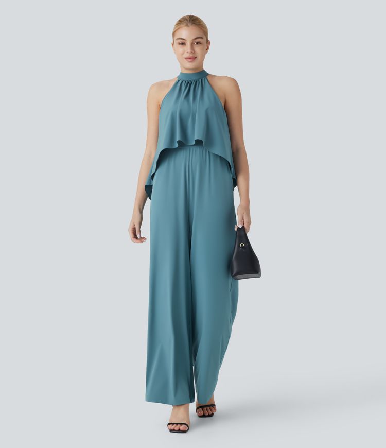 Breezeful™ Halter Flowy Hem Pocket Wide Leg Quick Dry Work Jumpsuit