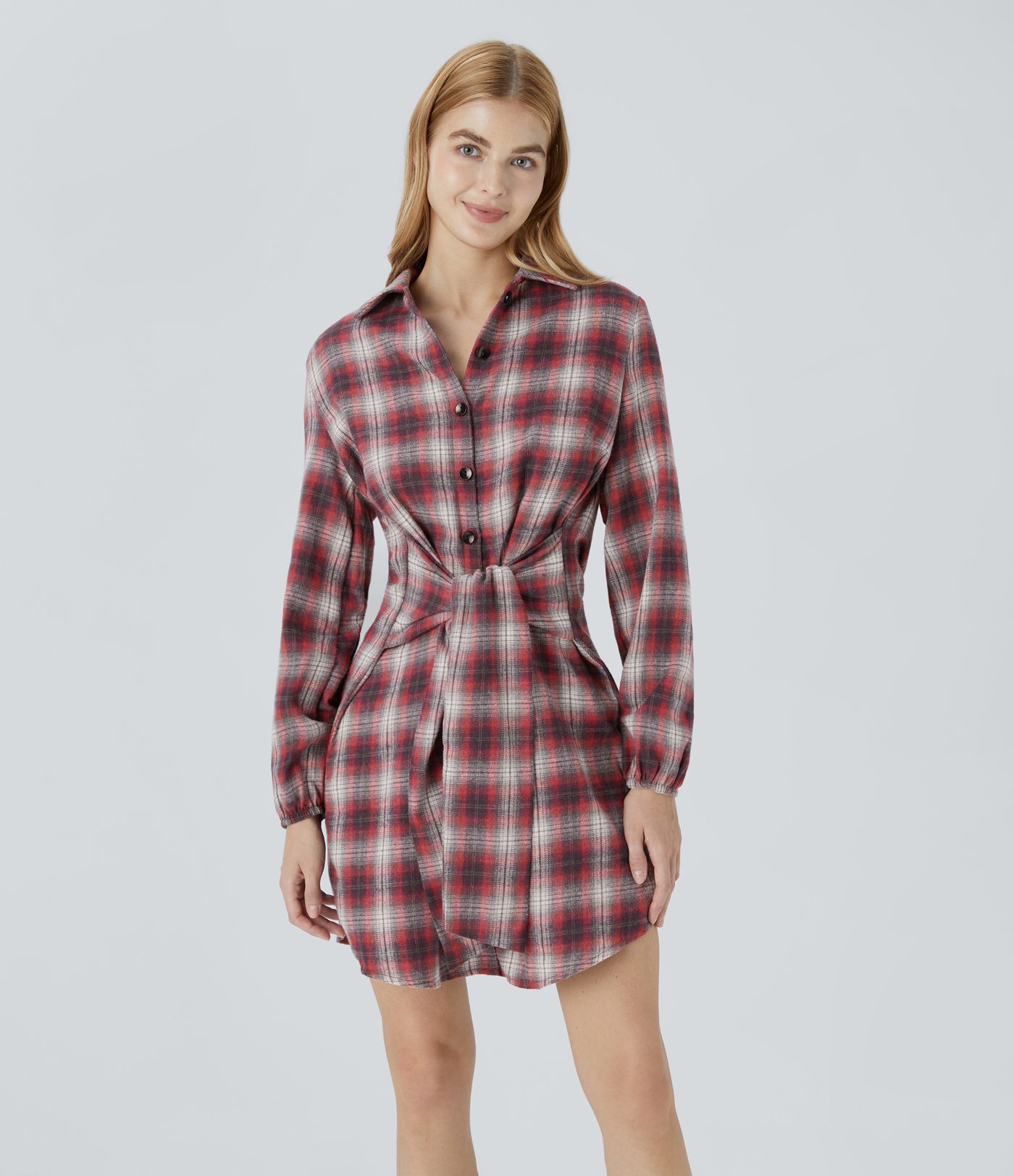 Tie Front Long Sleeve Plaid Mini Casual Dress