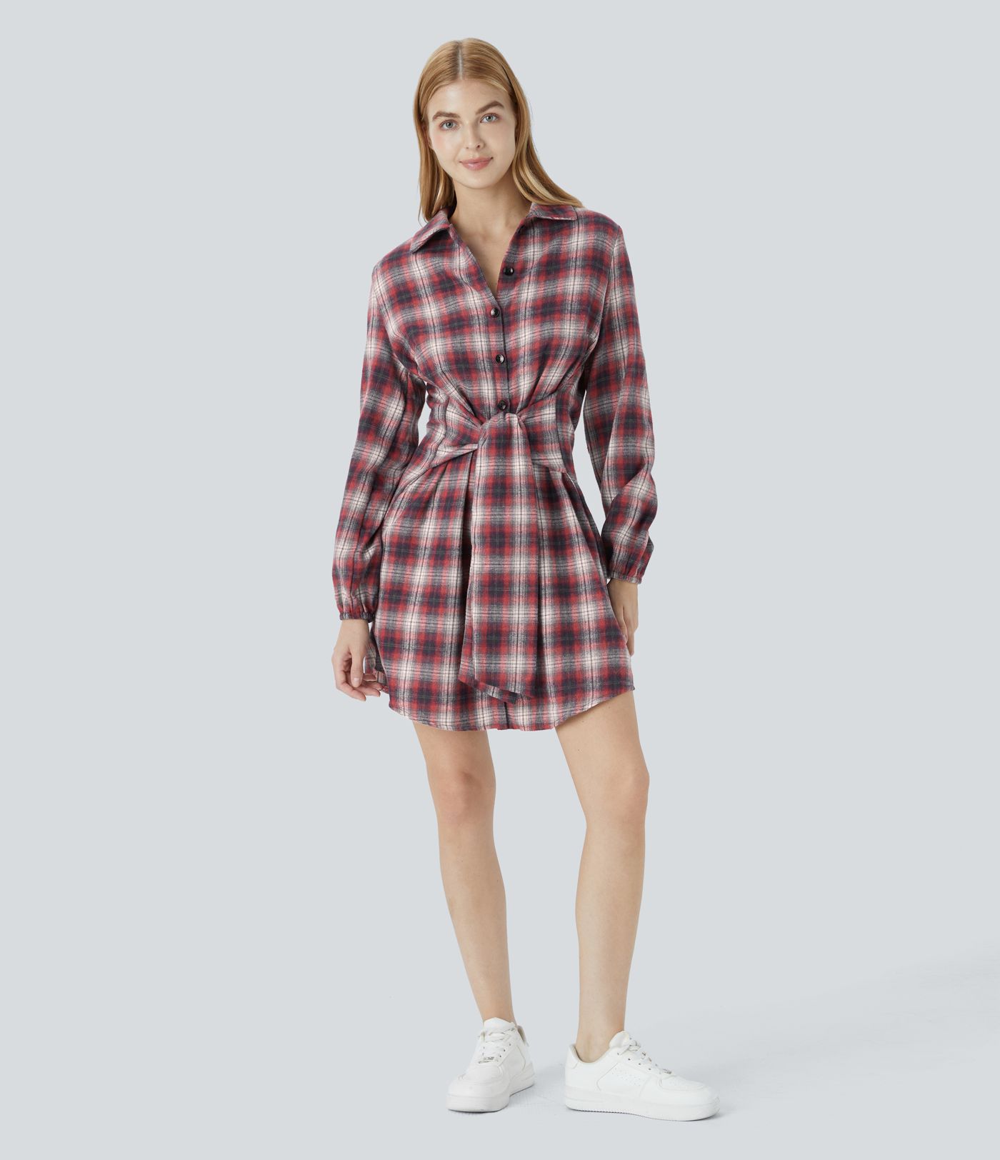 Tie Front Long Sleeve Plaid Mini Casual Dress
