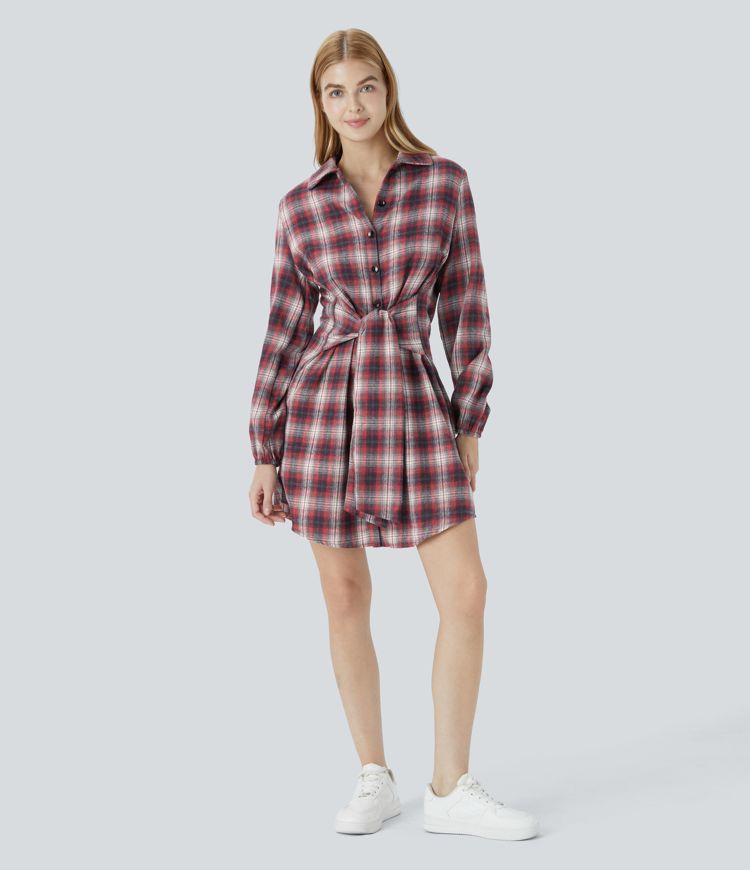 Tie Front Long Sleeve Plaid Mini Casual Dress
