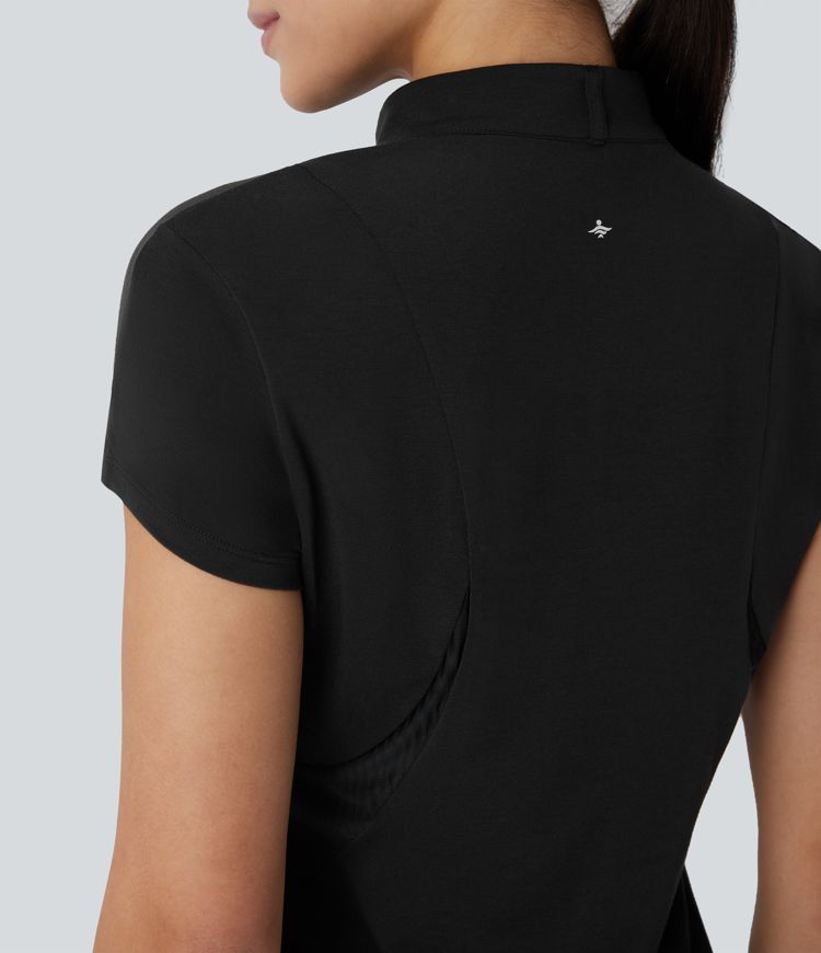 Stand Collar Zipper Contrast Mesh Quick Dry Golf Sports Top