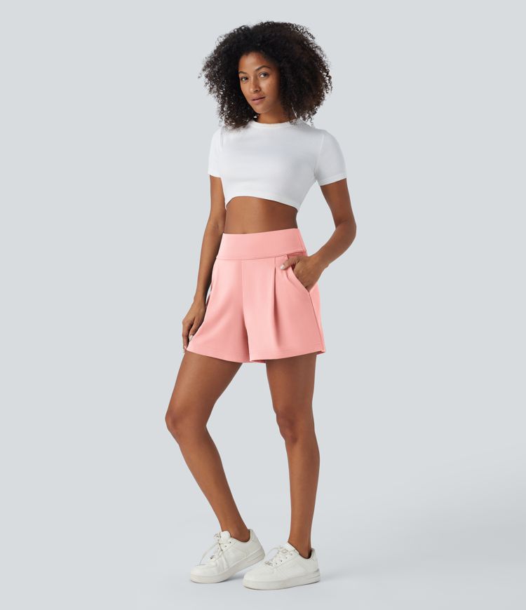 High Waisted Side Pocket Wide Leg Work Shorts