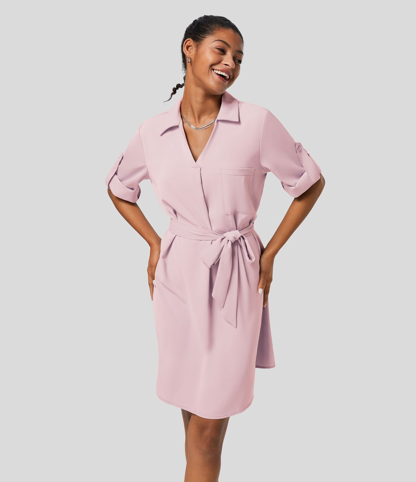 Roll Up Sleeve Belted Relaxed Work Shirt Dress