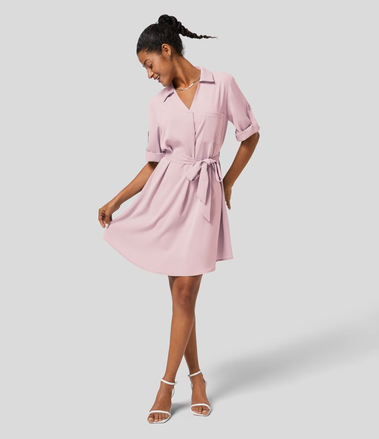 Roll Up Sleeve Belted Relaxed Work Shirt Dress