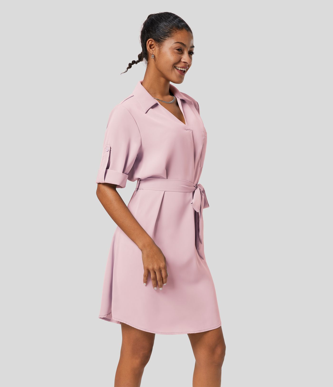 Roll Up Sleeve Belted Relaxed Work Shirt Dress