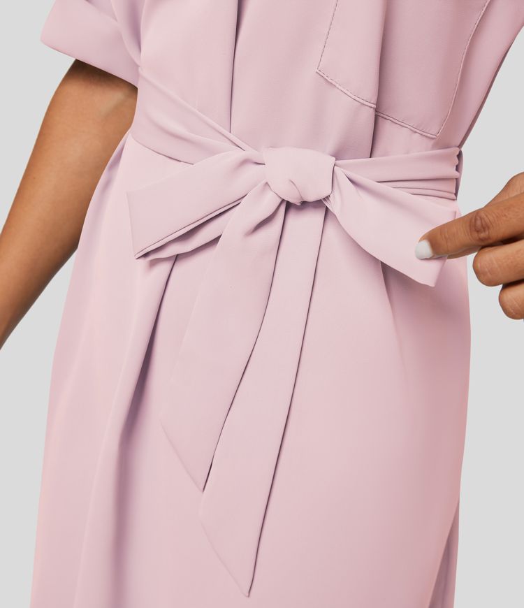 Roll Up Sleeve Belted Relaxed Work Shirt Dress