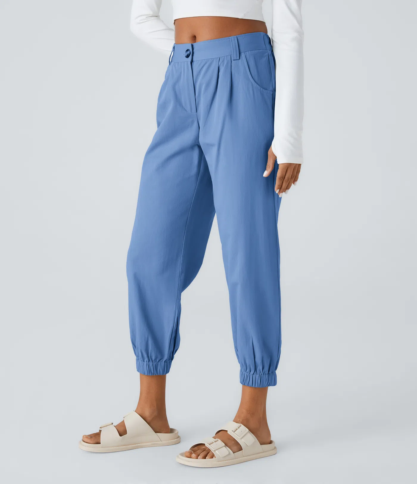 Mid Rise Button Zipper Side Pocket Casual Cotton Joggers