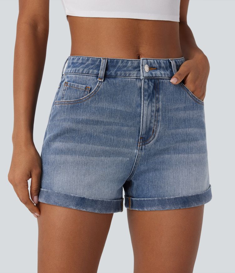 Halara Flex™ Mid Rise Zipper Pockets Denim Casual Shorts 3''