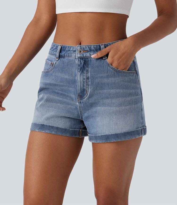 Halara Flex™ Mid Rise Zipper Pockets Denim Casual Shorts 3''