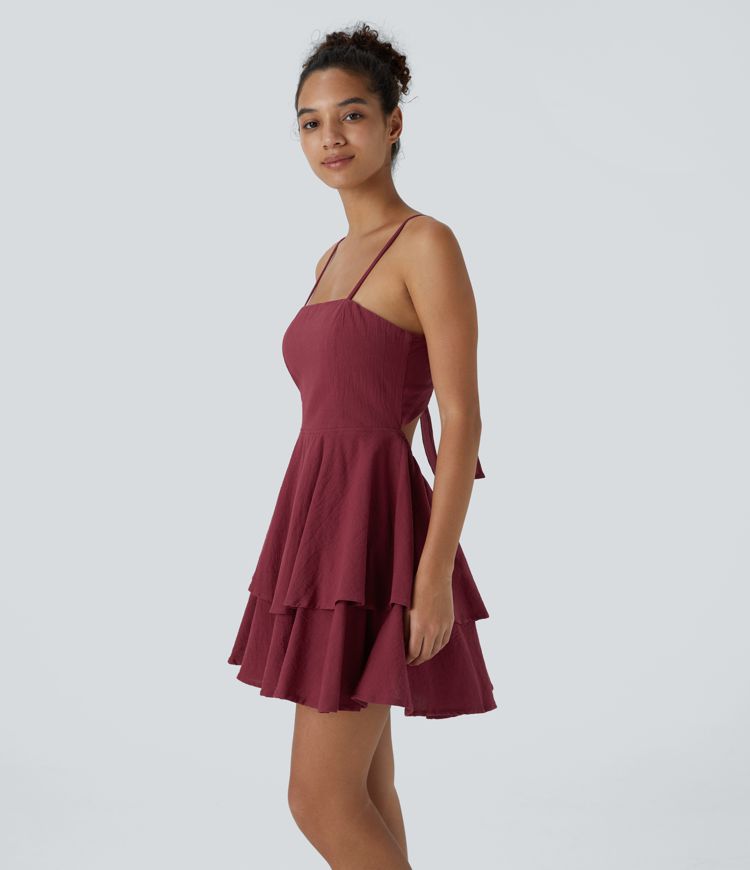 Minivestido tacto lino tirante ajustable lazo sin espalda volante escalonado fluido