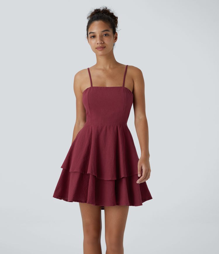 Minivestido tacto lino tirante ajustable lazo sin espalda volante escalonado fluido